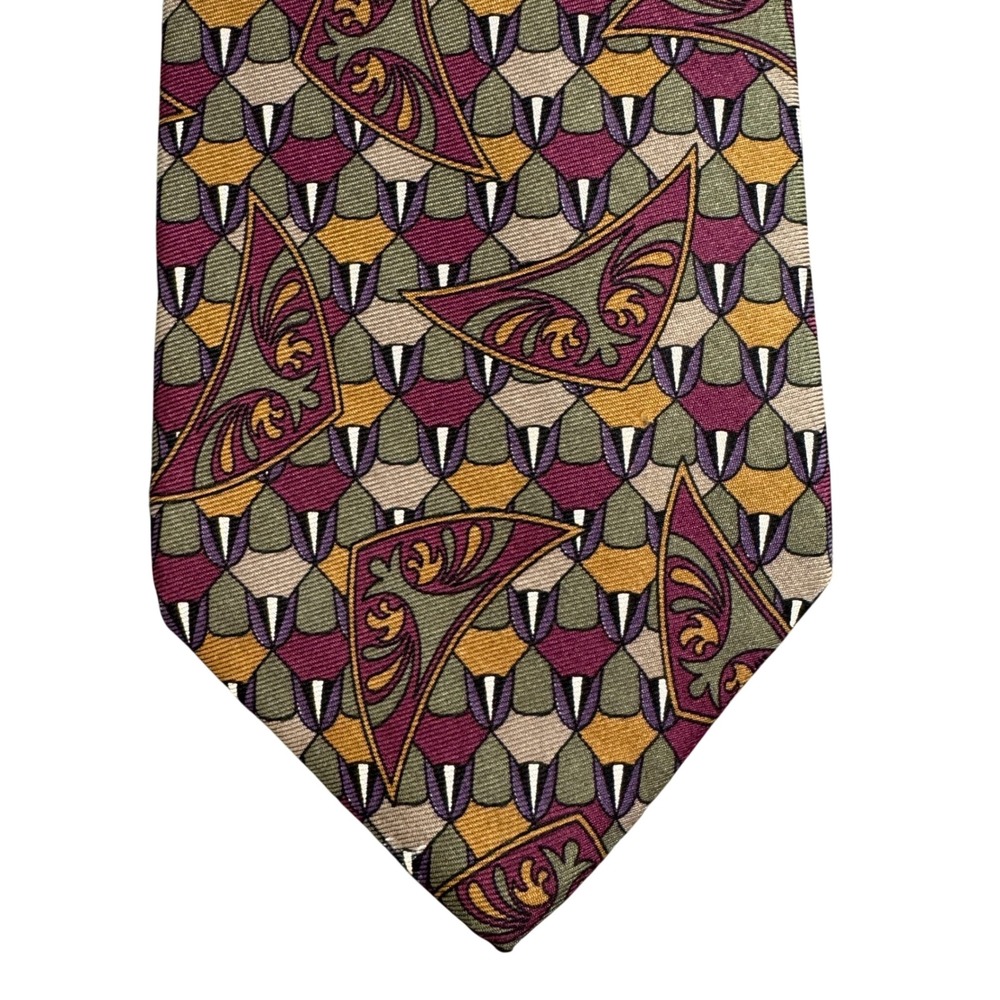 Bass Mens Silk Tie Geometric Scrollwork Burgundy Green Gold Made in USA Italy
